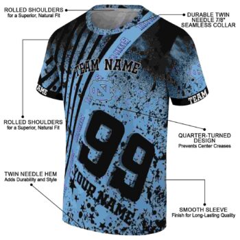 Custom North Carolina Tar Heels Splatter Art Light Blue Black T-Shirt