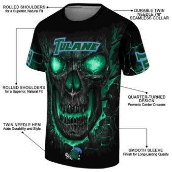 Tulane Green Wave Fiery Skull Green Black T-Shirt